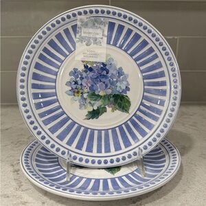 Shabby Chic Blue Hydrangea Melamine Dinner Plates wStriped Rim 9.25” /4 set